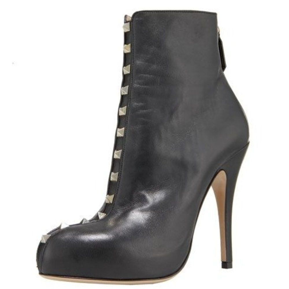 VALENTINO Garavani Black Leather Rockstud Stiletto Ankle Boots Size 36.5